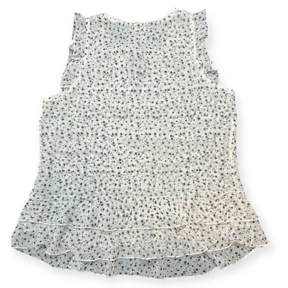CABI Women’s Ivory Black Floral Wishful Sleeveless Ruffle Hem Tie Neck Blouse Si - Picture 4 of 7
